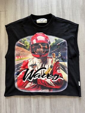 Waves Graphic Racer Skull Muscle Tee - Black & Red (XL)